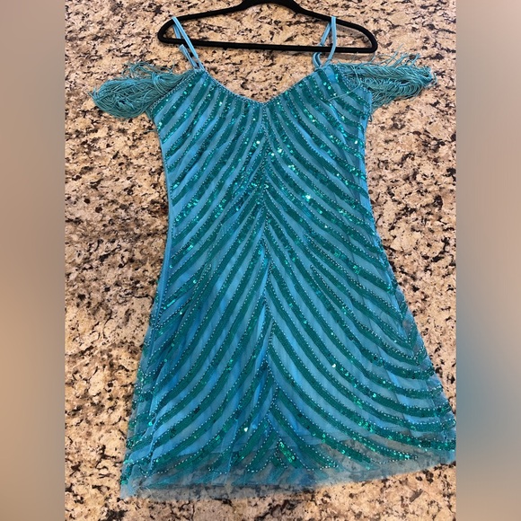 Zapaka turquoise sparkle fringe dress - Picture 3 of 4